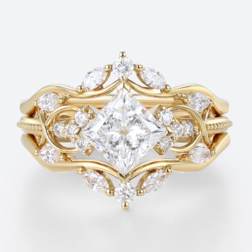 1ct Lab Grown Diamond Rings​ Set Princess Cut Engagement Ring in Yellow Gold