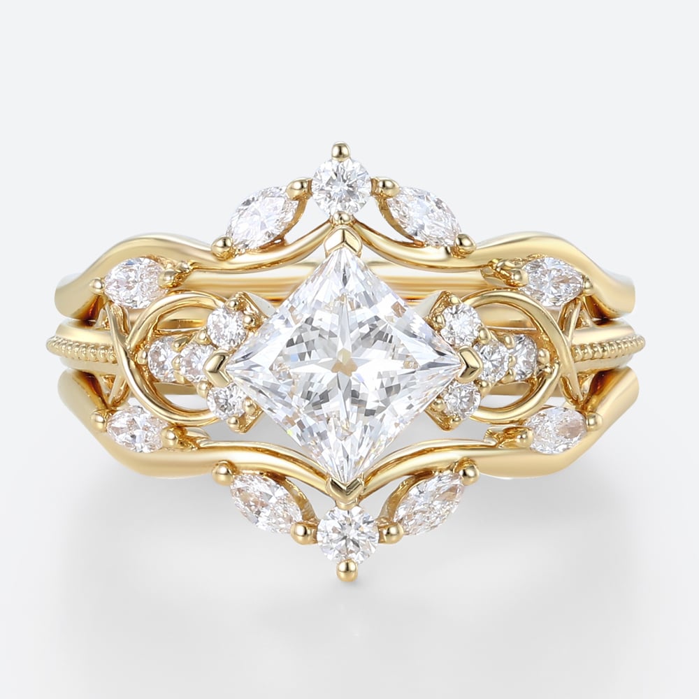 1ct Lab Grown Diamond Rings​ Set Princess Cut Engagement Ring in Yellow Gold