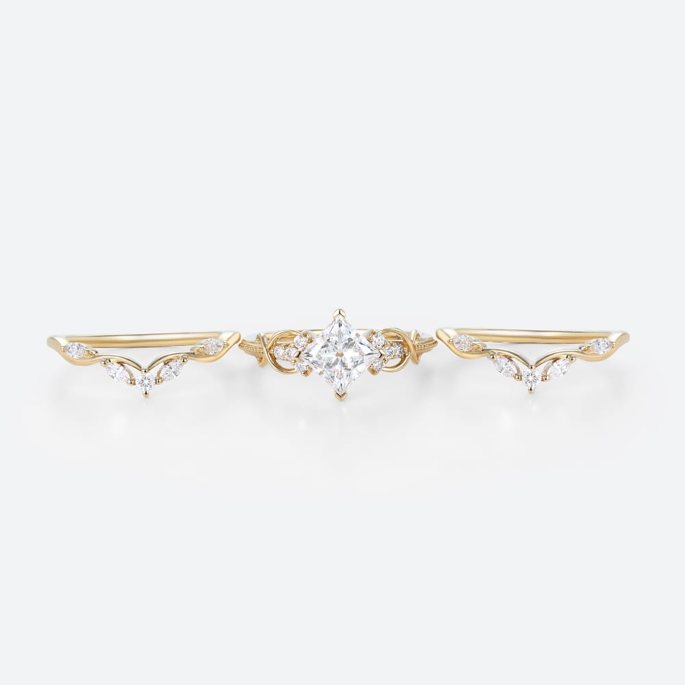 1ct Lab Grown Diamond Rings​ Set Princess Cut Engagement Ring in Yellow Gold