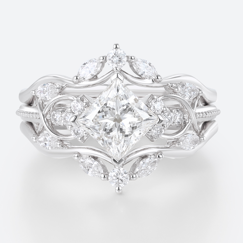 1ct Lab Grown Diamond Rings​ Set Princess Cut Engagement Ring in White Gold