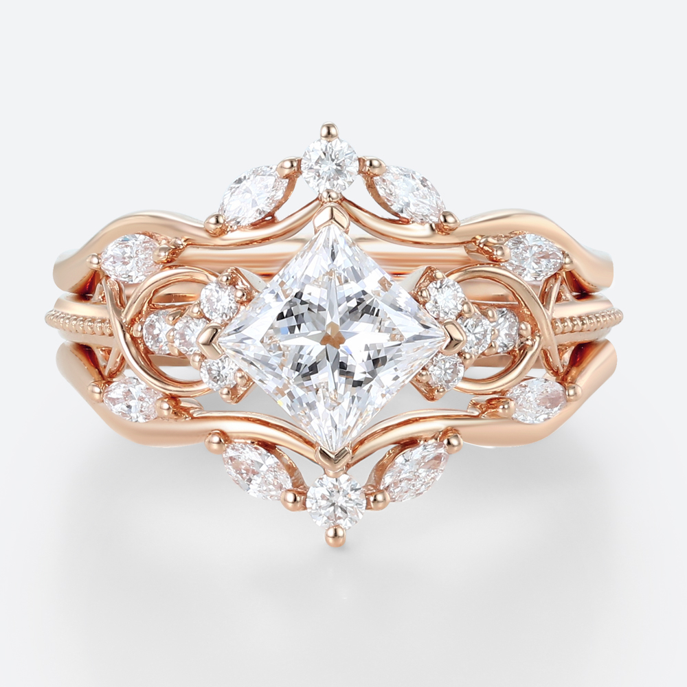 1ct Lab Grown Diamond Rings​ Set Princess Cut Engagement Ring in Rose Gold