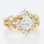 1ct Lab Grown Diamond Rings​ Set Princess Cut Engagement Ring in Yellow Gold