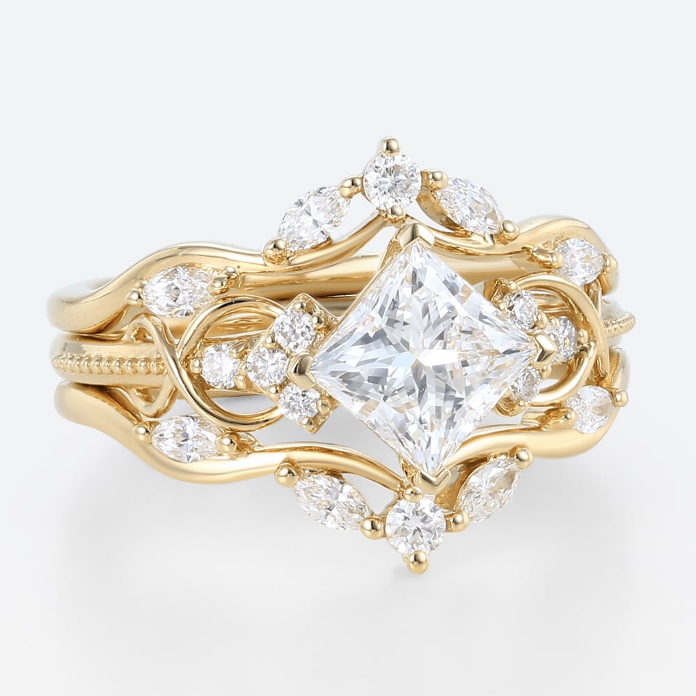 1ct Lab Grown Diamond Rings​ Set Princess Cut Engagement Ring in Yellow Gold