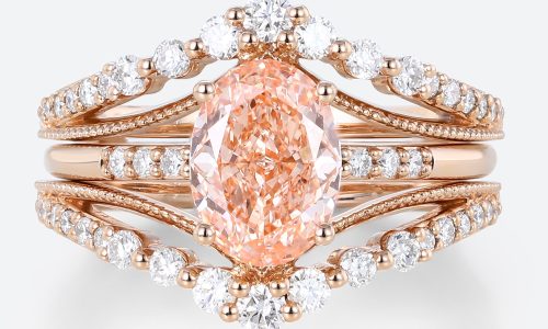 1.5ct Lab Pink Diamond Ring Set Oval Bridal Ring with Enhancer Bands in Rose Gold