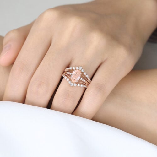 1.5ct Lab Pink Diamond Ring Set Oval Bridal Ring with Enhancer Bands in Rose Gold