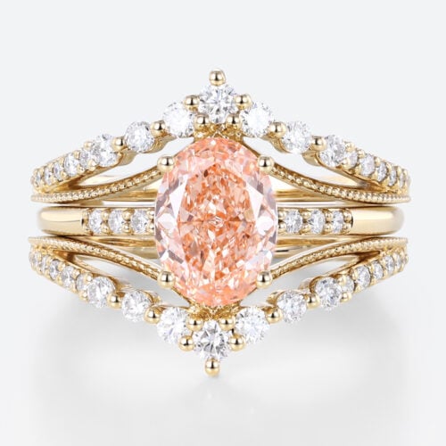 1.5ct Lab Pink Diamond Ring Set Oval Bridal Ring with Enhancer Bands in Yellow Gold