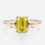 1.5ct Lab Yellow Diamond Ring Emerald Cut Modern Floral Double Claw Prong Engagement Ring in Yellow Gold