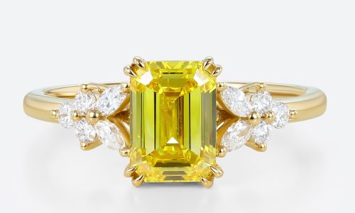 1.5ct Lab Yellow Diamond Ring Emerald Cut Modern Floral Double Claw Prong Engagement Ring in Yellow Gold