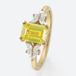 1.5ct Lab Yellow Diamond Ring Emerald Cut Modern Floral Double Claw Prong Engagement Ring in Yellow Gold