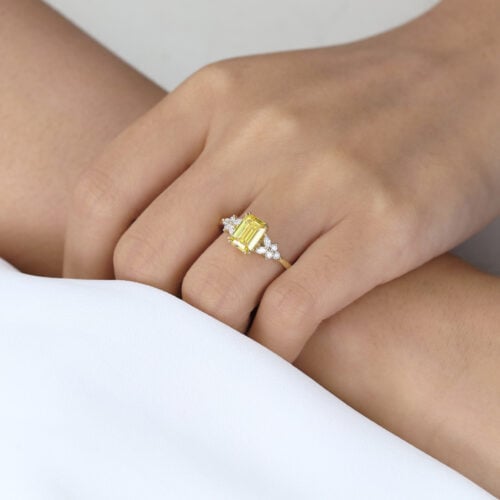 1.5ct Lab Yellow Diamond Ring Emerald Cut Modern Floral Double Claw Prong Engagement Ring in Yellow Gold