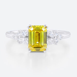 1.5ct Lab Yellow Diamond Ring Emerald Cut Modern Floral Double Claw Prong Engagement Ring in White Gold