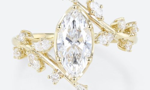 1ct Marquise Cut Lab Grown Diamond Ring Bypass Leaf 6-Prong Engagement Ring in Yellow Gold