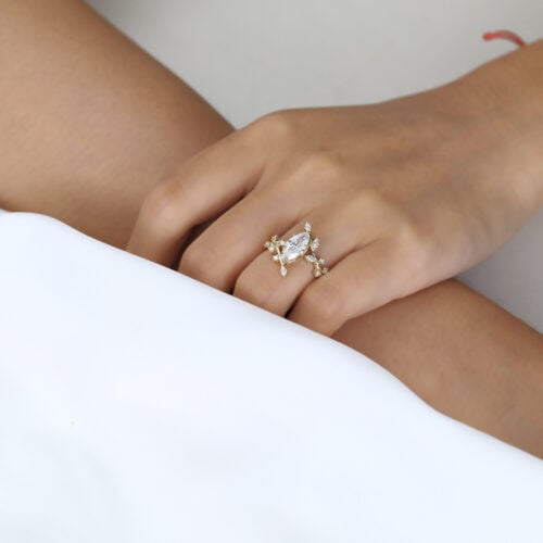 1ct Marquise Cut Lab Grown Diamond Ring Bypass Leaf 6-Prong Engagement Ring in Yellow Gold