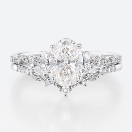 1ct Oval Lab Diamond Rings Set Art Nouveau 4-Prong Engagement Ring in White Gold