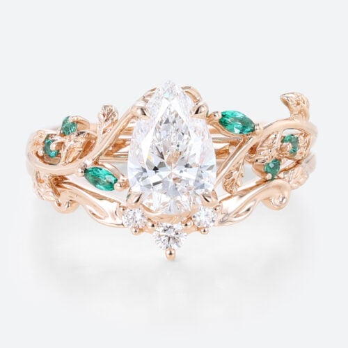 1ct Pear Cut Lab Diamond Bridal Ring Set with Nature-Inspired Emerald Side Stone in Rose Gold