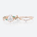 1ct Pear Cut Lab Diamond Bridal Ring Set with Nature-Inspired Emerald Side Stone in Rose Gold