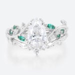 1ct Pear Cut Lab Diamond Bridal Ring Set with Nature-Inspired Emerald Side Stone in White Gold