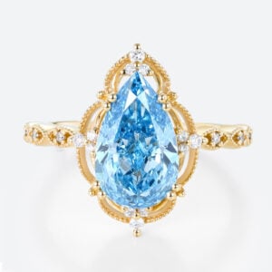 2.5ct Lab Blue Diamond Ring Pear Cut Vintage Milgrain Prong Ring