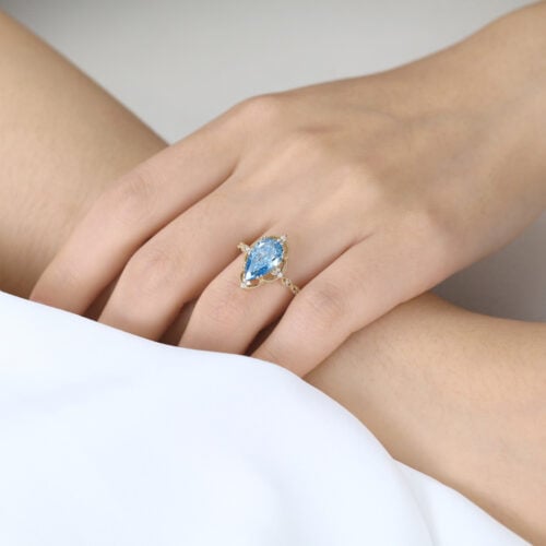 2.5ct Lab Blue Diamond Ring Pear Cut Fancy Blue Vintage Milgrain 8-Prong Engagement Ring