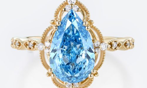 2.5ct Lab Blue Diamond Ring Pear Cut Fancy Blue Vintage Milgrain 8-Prong Engagement Ring