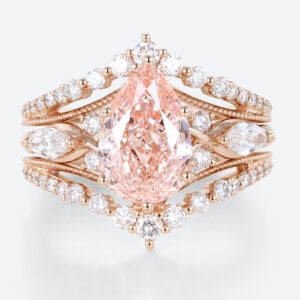 Lab Pink Diamond Ring Set 2.5ct Fancy Pink VS+ Pear Cut Lab Grown Pink Diamond Gorgeous 6-Prong Bridal Ring Set in Rose Gold