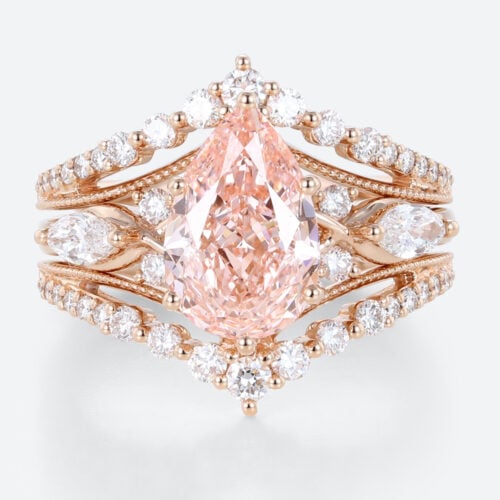 Lab Pink Diamond Ring Set 2.5ct Fancy Pink VS+ Pear Cut Lab Grown Pink Diamond Gorgeous 6-Prong Bridal Ring Set in Rose Gold