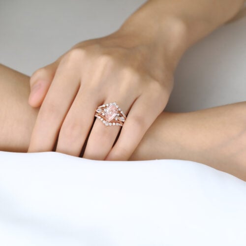 Lab Pink Diamond Ring Set 2.5ct Fancy Pink VS+ Pear Cut Lab Grown Pink Diamond Gorgeous 6-Prong Bridal Ring Set in Rose Gold
