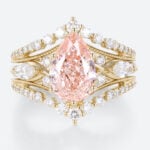 Lab Pink Diamond Ring Set 2.5ct Fancy Pink VS+ Pear Cut Lab Grown Pink Diamond Gorgeous 6-Prong Bridal Ring Set in Yellow Gold