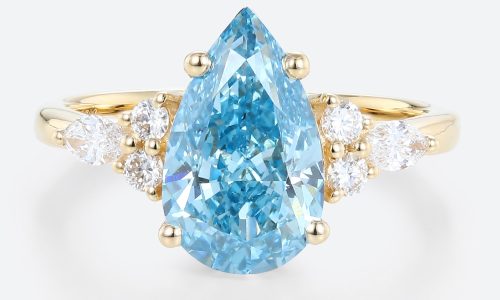 2ct Lab Fancy Blue Diamond Rings Pear Shaped 4-Prong Engagement Ring in Yellow Gold