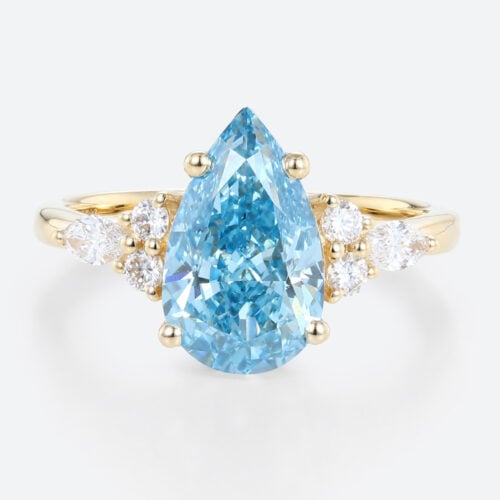 2ct Lab Fancy Blue Diamond Rings Pear Shaped 4-Prong Engagement Ring in Yellow Gold