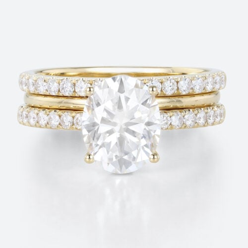 3ct moissanite engagement ring set with Double Matching Bands Yellow Gold 3PCS Oval Cut Moissanite Solitaire Bridal Ring Set