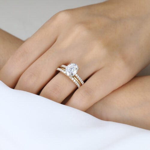 3ct moissanite engagement ring set with Double Matching Bands Yellow Gold 3PCS Oval Cut Moissanite Solitaire Bridal Ring Set