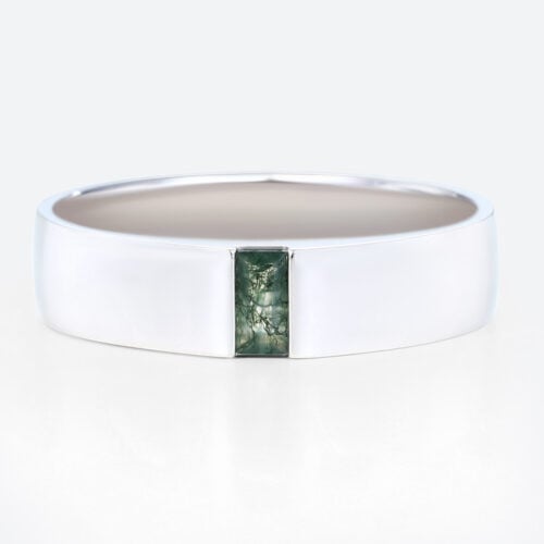 0.2ct Baguette Cut Moss Agate Engagement Ring Bezel Wide Band in White Gold