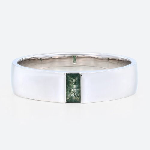 0.2ct Baguette Cut Moss Agate Engagement Ring Bezel Wide Band in White Gold