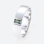 0.2ct Baguette Cut Moss Agate Engagement Ring Bezel Wide Band in White Gold