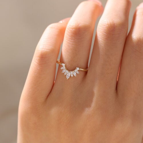 Curved Lab Created Diamond Rings​ 0.25ct Marquise Cut Wedding Band in Yellow Gold