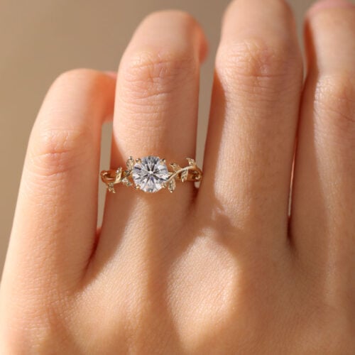 1ct Lab Diamond Ring Solitaire Round Dimaond Leaf Promise Ring in Yellow Gold