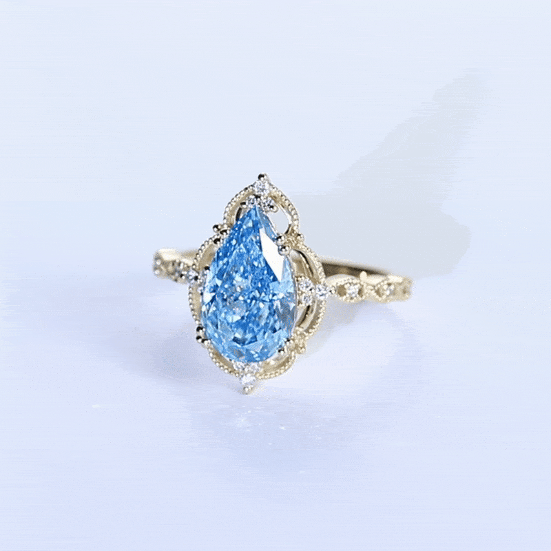2.5ct Lab Blue Diamond Ring Pear Cut Fancy Blue Vintage Milgrain 8-Prong Engagement Ring
