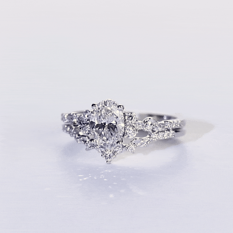 1ct Oval Lab Diamond Rings Set Art Nouveau 4-Prong Engagement Ring in White Gold
