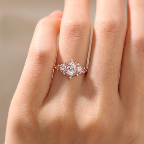 Rose Gold Oval Ring with Diamonds Lab Created Vintage Promise Rings