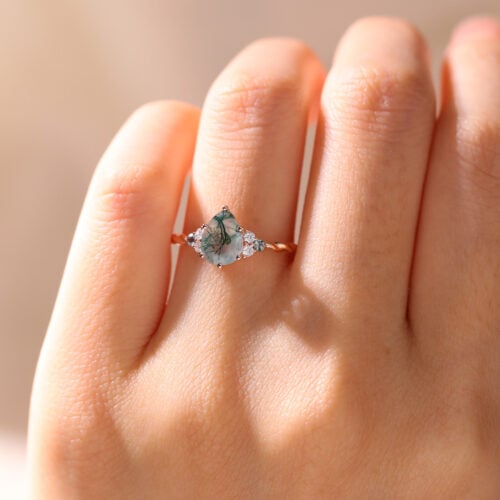 14K Rose Gold Pear Shaped Vintage Moss Agate Twisted Engagement Ring