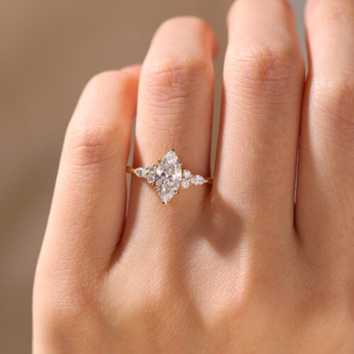 Yellow Gold 1 Carat Marquise Diamond Ring Lab Diamond Cluster Rings