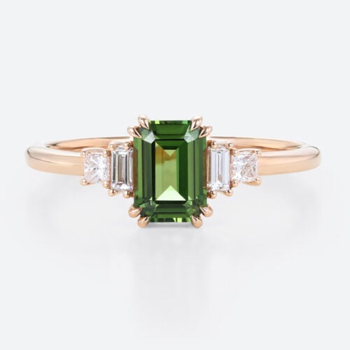 1.2ct Green Sapphire Engagement Ring​ Emerald Cut Natural Gemstone in Rose Gold