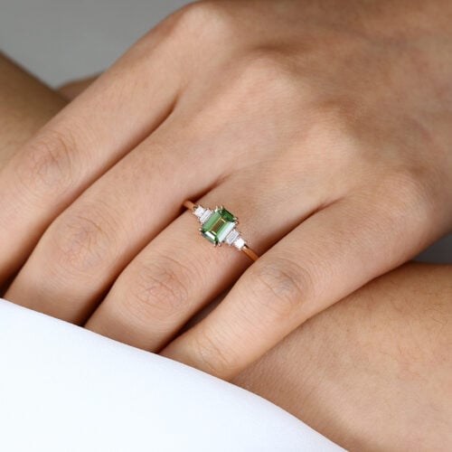 1.2ct Green Sapphire Engagement Ring​ Emerald Cut Natural Gemstone in Rose Gold