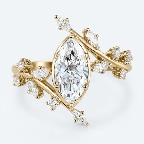 1ct Marquise Cut Lab Grown Diamond Ring Bypass Leaf 6-Prong Engagement Ring in Yellow Gold