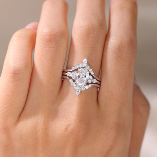 1.5ct Oval Lab Diamond Ring Set Classic Vintage 4-Prong Engagement Ring Set in White Gold