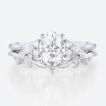 Oval Cut Moissanite Ring Set 1.4ct Botanical-Inspired Bridal Ring with Lab Diamond Side Stones in White Gold