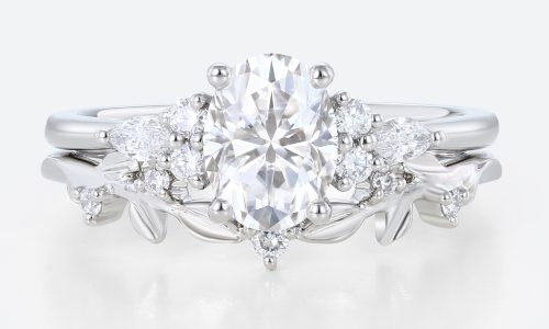 Oval Cut Moissanite Ring Set 1.4ct Botanical-Inspired Bridal Ring with Lab Diamond Side Stones in White Gold