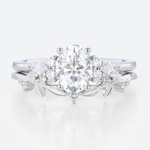 Oval Cut Moissanite Ring Set 1.4ct Botanical-Inspired Bridal Ring with Lab Diamond Side Stones in White Gold