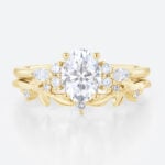 Oval Cut Moissanite Ring Set 1.4ct Botanical-Inspired Bridal Ring with Lab Diamond Side Stones in Yellow Gold